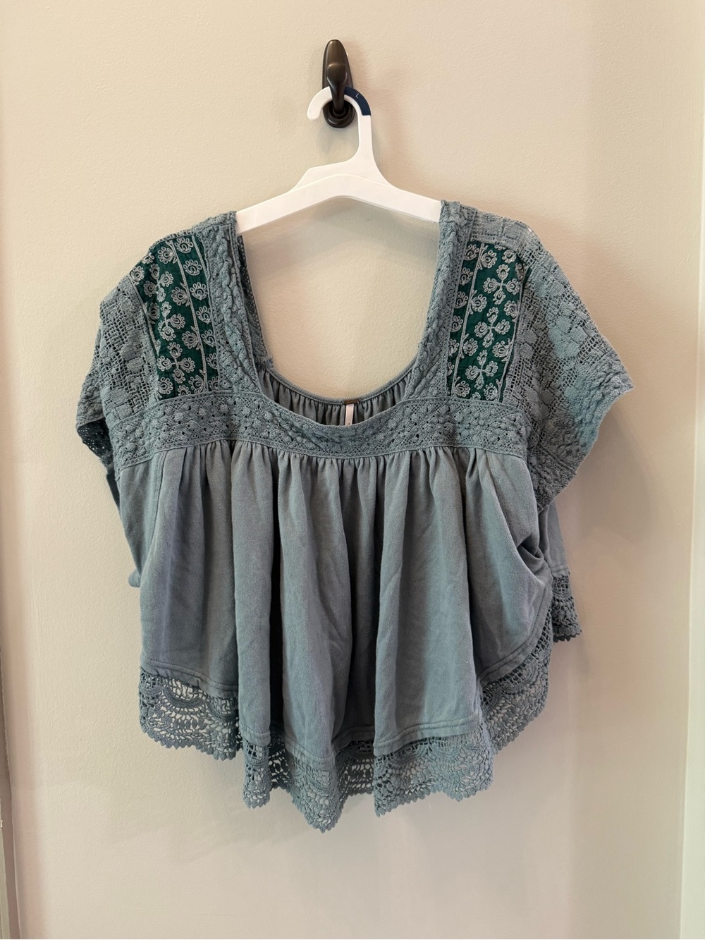 Free People Prairie Days Blue Boho Embroidered Pullover Top